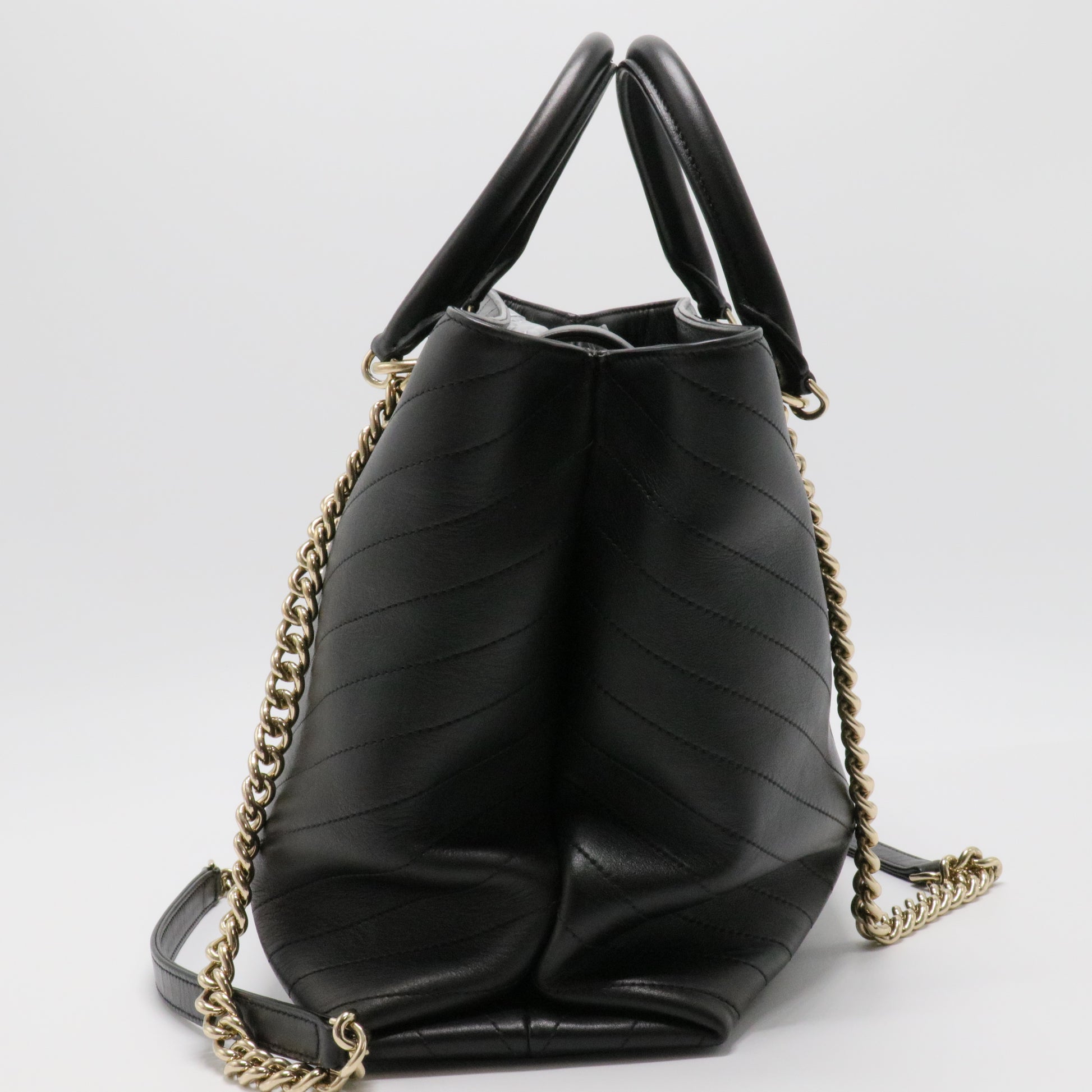 Calfskin Chevron Quilted Large Shopping Tote Black