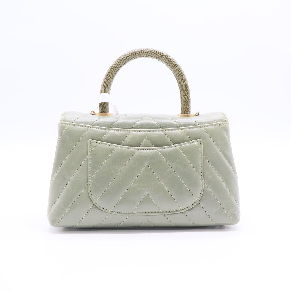 Coco Top Handle Bag Chevron Calfskin (Sage/Celadon Green with Lizard-embossed handle) Small Twins