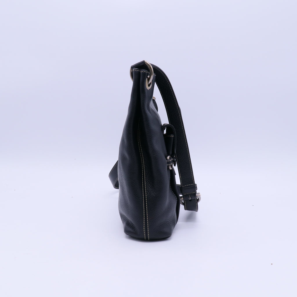 Salvatore Ferragamo Black Pebbled Gancini Leather Fanisa Shoulder Bag twins B21408