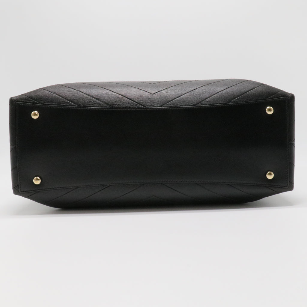 Calfskin Chevron Quilted Large Shopping Tote Black