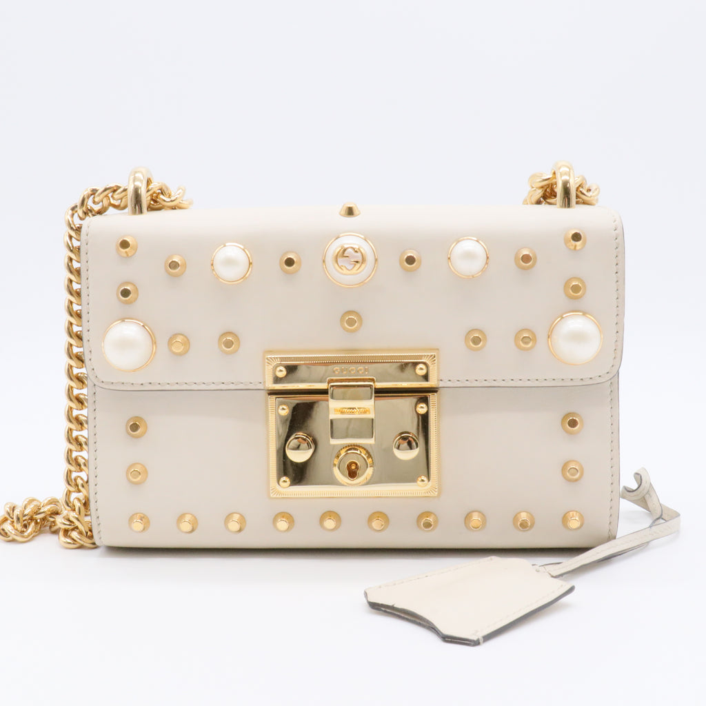 Calfskin Studded Small Padlock Shoulder Bag White