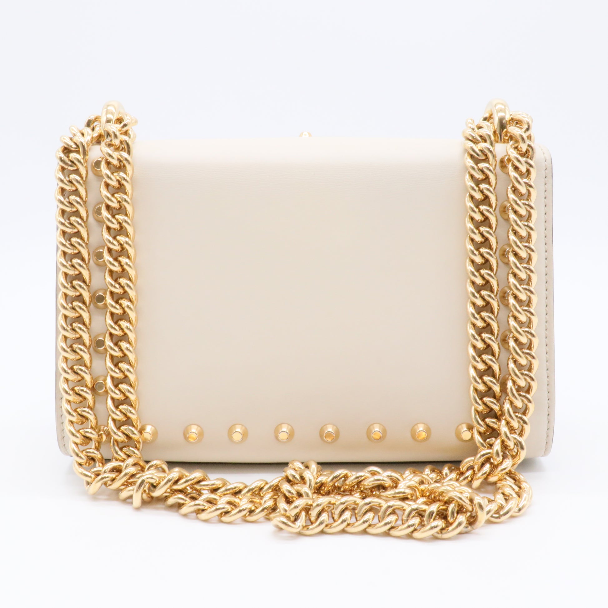 Calfskin Studded Small Padlock Shoulder Bag White