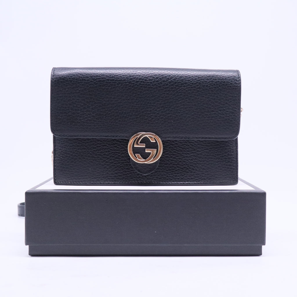 Dollar Calfskin Interlocking G Chain Wallet Black