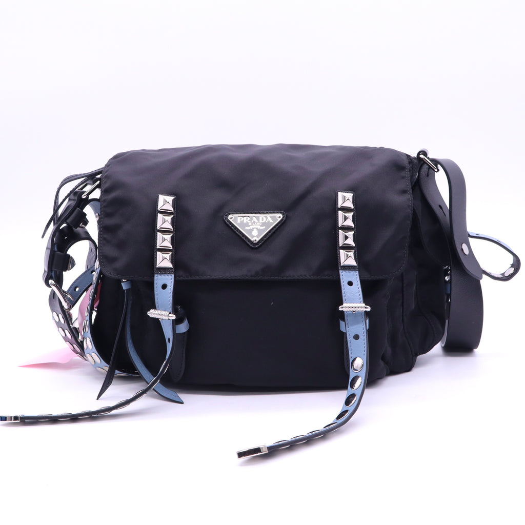 Prada New Vela Flap Messenger Bag Tessuto with Studded Leather Medium twins LDJ3924