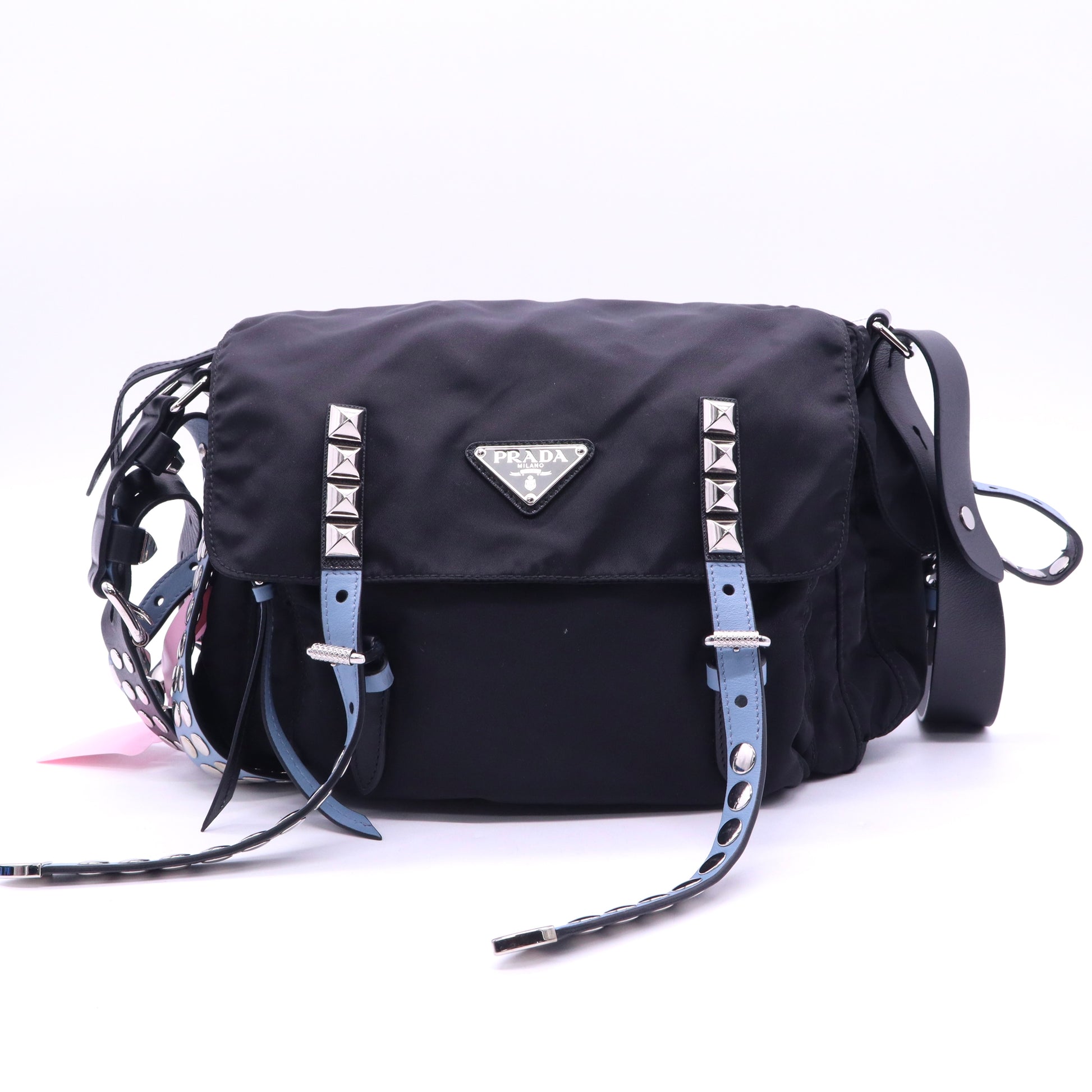 Prada New Vela Flap Messenger Bag Tessuto with Studded Leather Medium twins LDJ3924