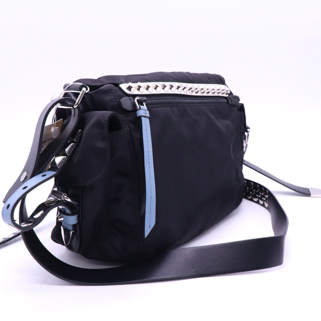 Prada New Vela Flap Messenger Bag Tessuto with Studded Leather Medium twins LDJ3924