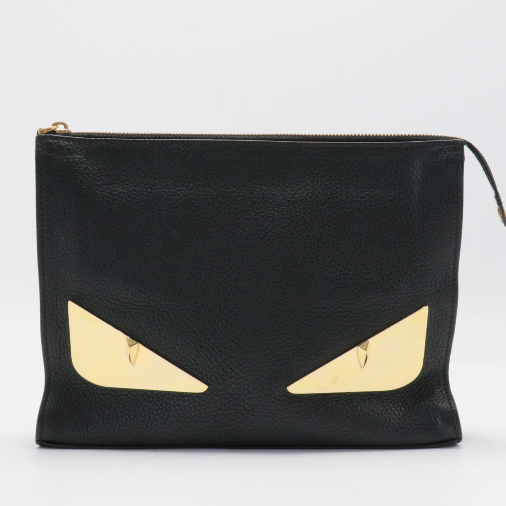 Fendi Black Leather Monster Flat Clutch