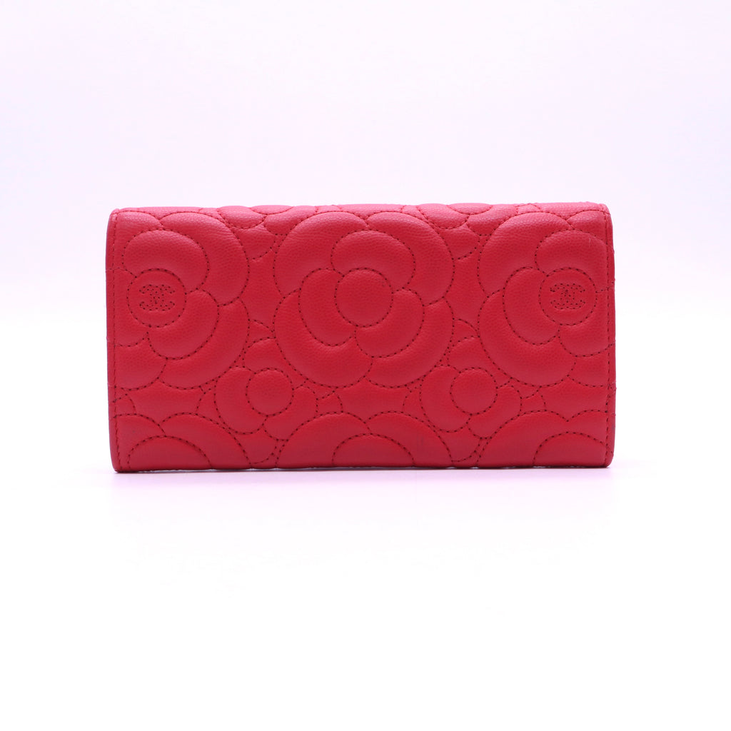 Chanel Red Camellia Embroidered Leather  Wallet twins LDJ3931