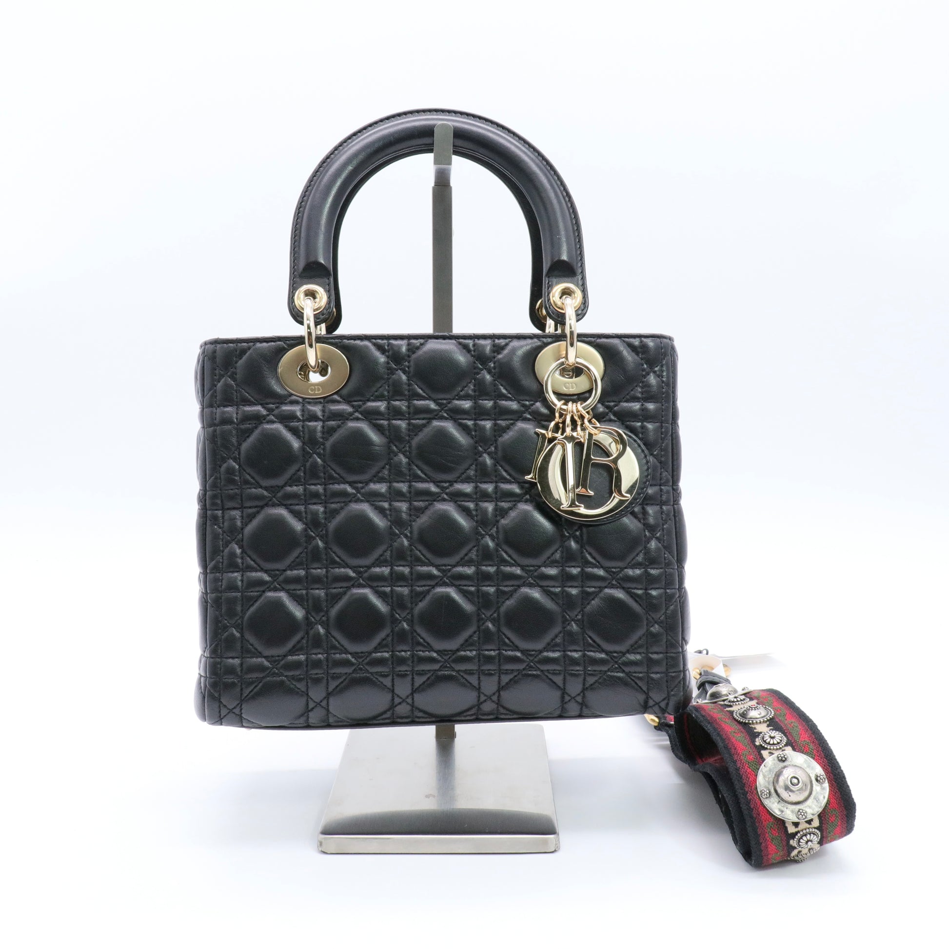Black Lambskin Ladydior Medium Tote twins