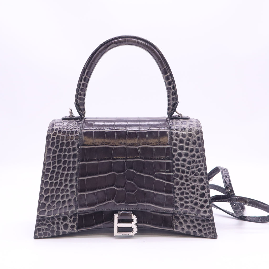 Shiny Calfskin Crocodile Embossed Medium Hourglass Top Handle Bag Dark Grey B24354