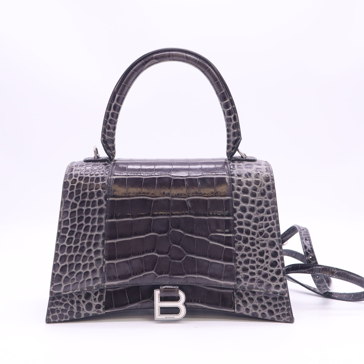 Shiny Calfskin Crocodile Embossed Medium Hourglass Top Handle Bag Dark Grey B24354