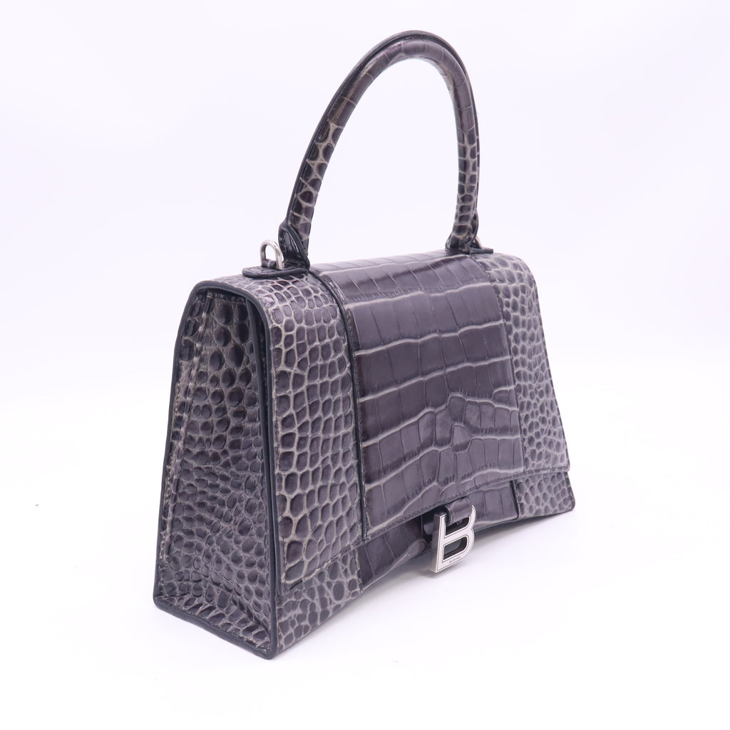 Shiny Calfskin Crocodile Embossed Medium Hourglass Top Handle Bag Dark Grey B24354