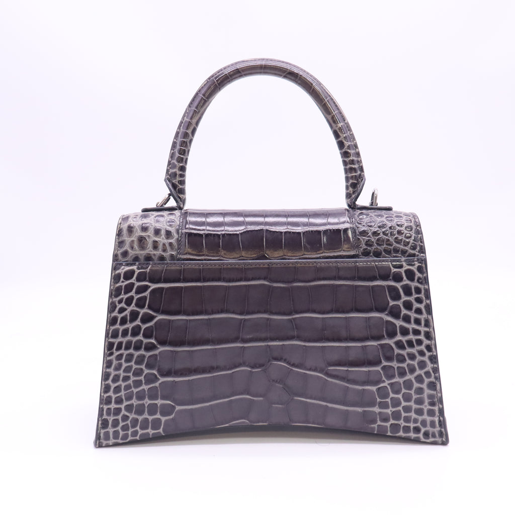 Shiny Calfskin Crocodile Embossed Medium Hourglass Top Handle Bag Dark Grey B24354