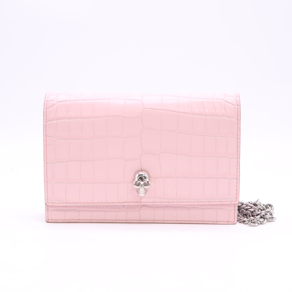 Alexander McQueen Pink Croc Embossed Leather Skull Crystal Chain Bag B24724