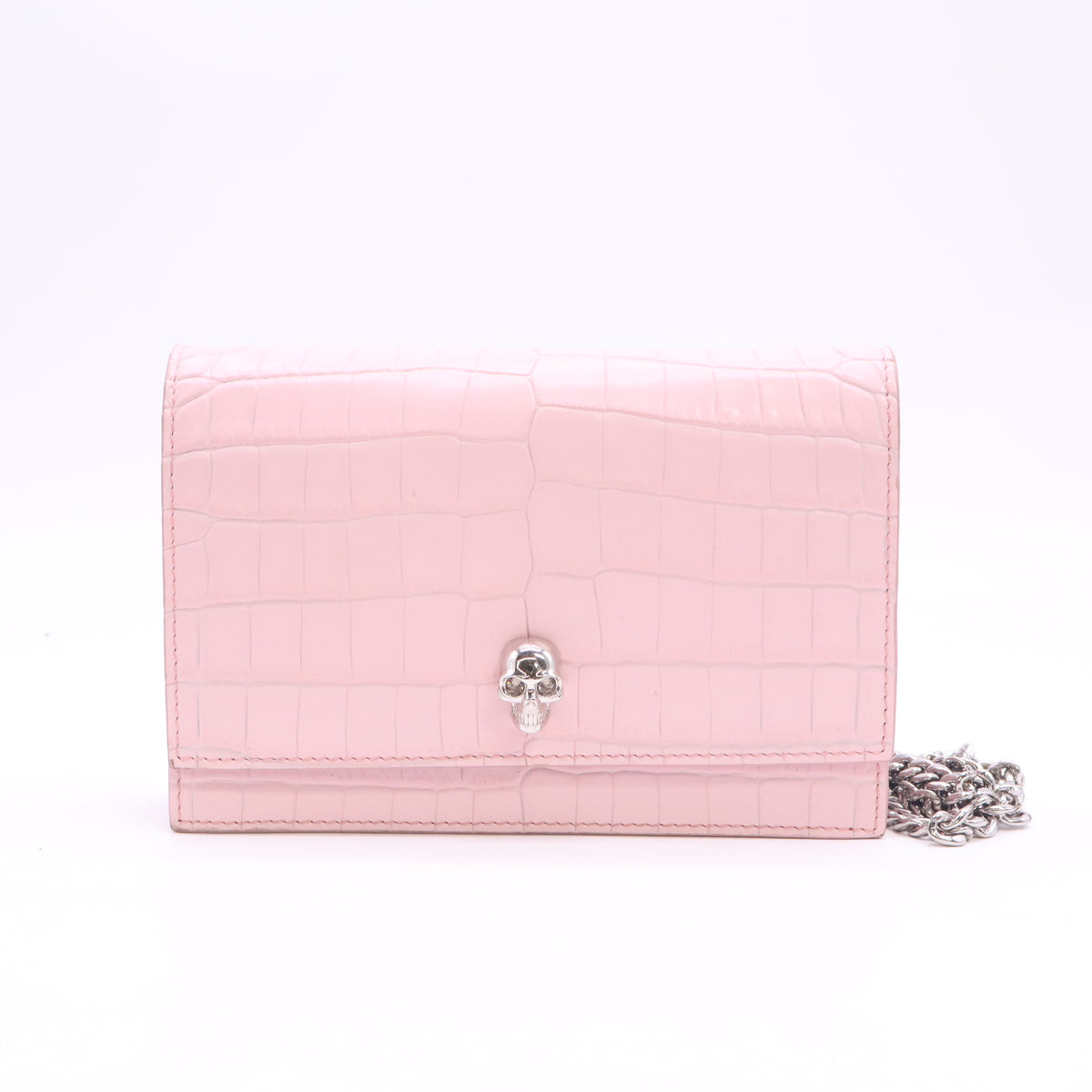 Alexander McQueen Pink Croc Embossed Leather Skull Crystal Chain Bag B24724