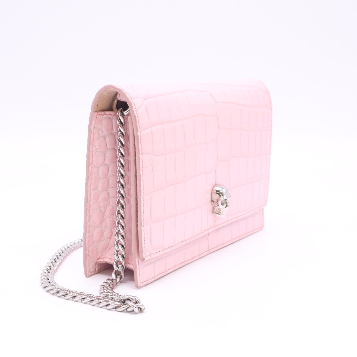 Alexander McQueen Pink Croc Embossed Leather Skull Crystal Chain Bag B24724