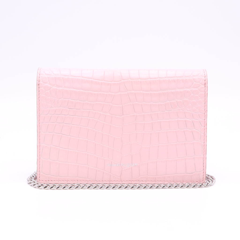 Alexander McQueen Pink Croc Embossed Leather Skull Crystal Chain Bag B24724