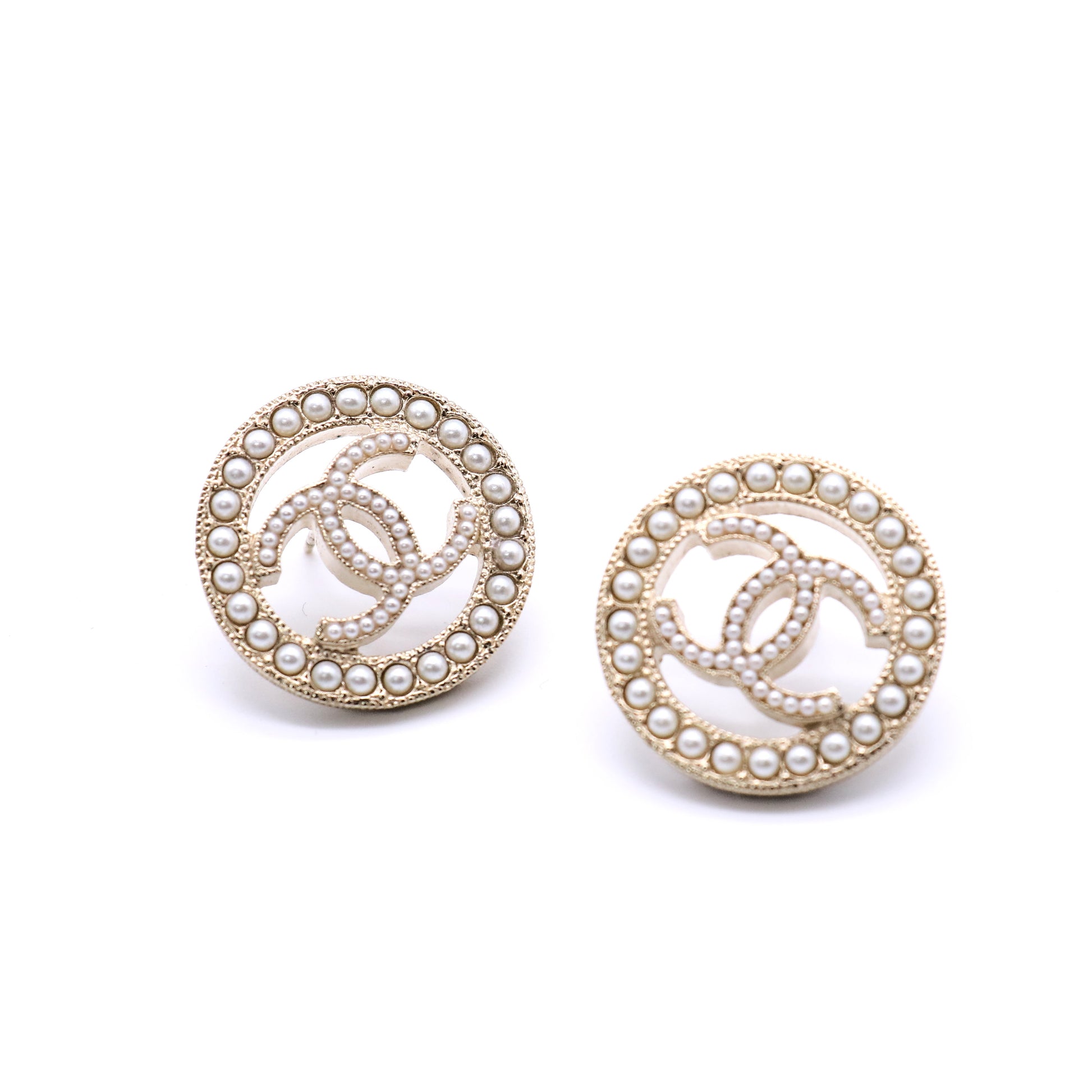Gold CC LOGO Pearl Crystal Hoop Studs Earrings Twins