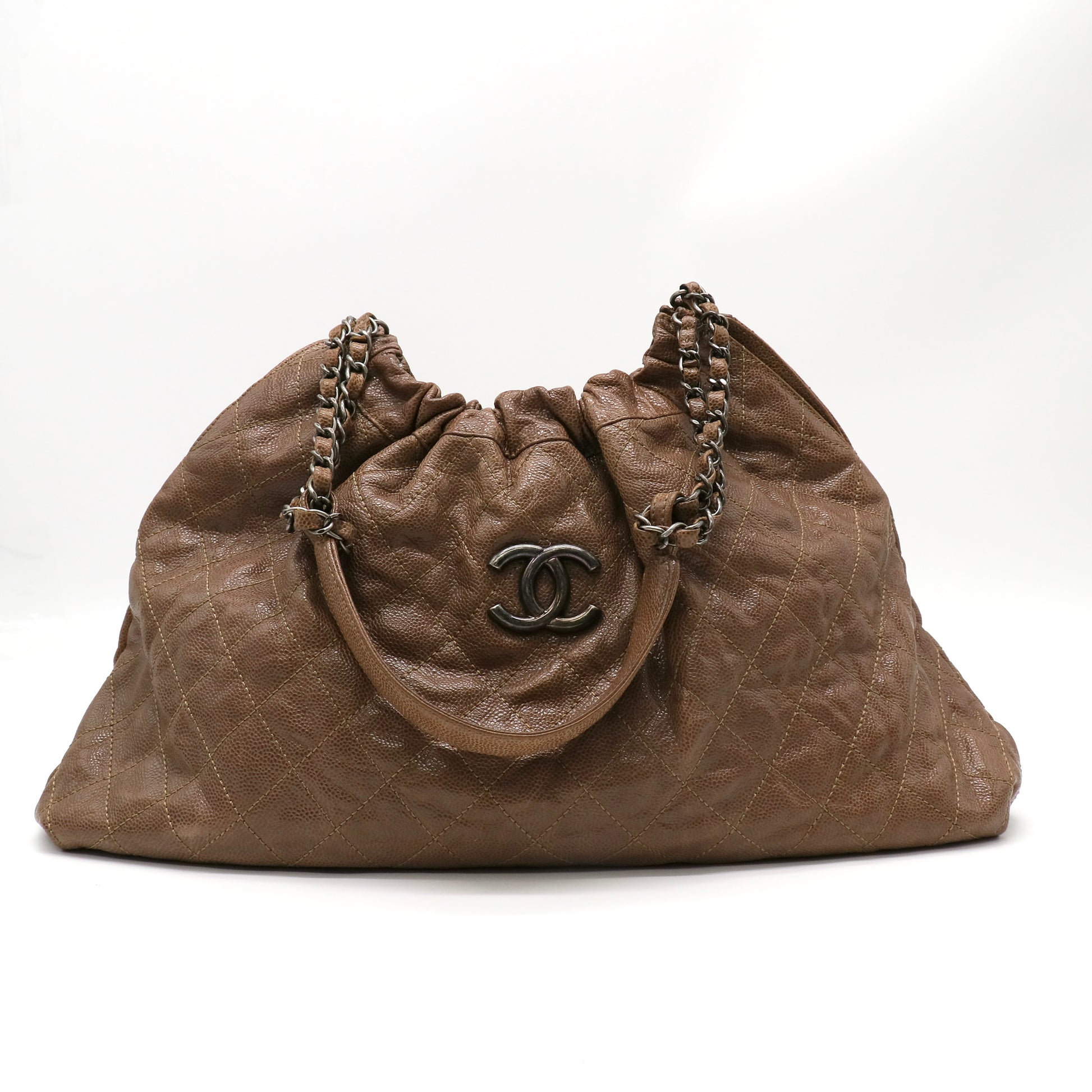 Chanel Distressed Glazed Caviar Quilted Large Elastic Tote Brown twins LDZ201