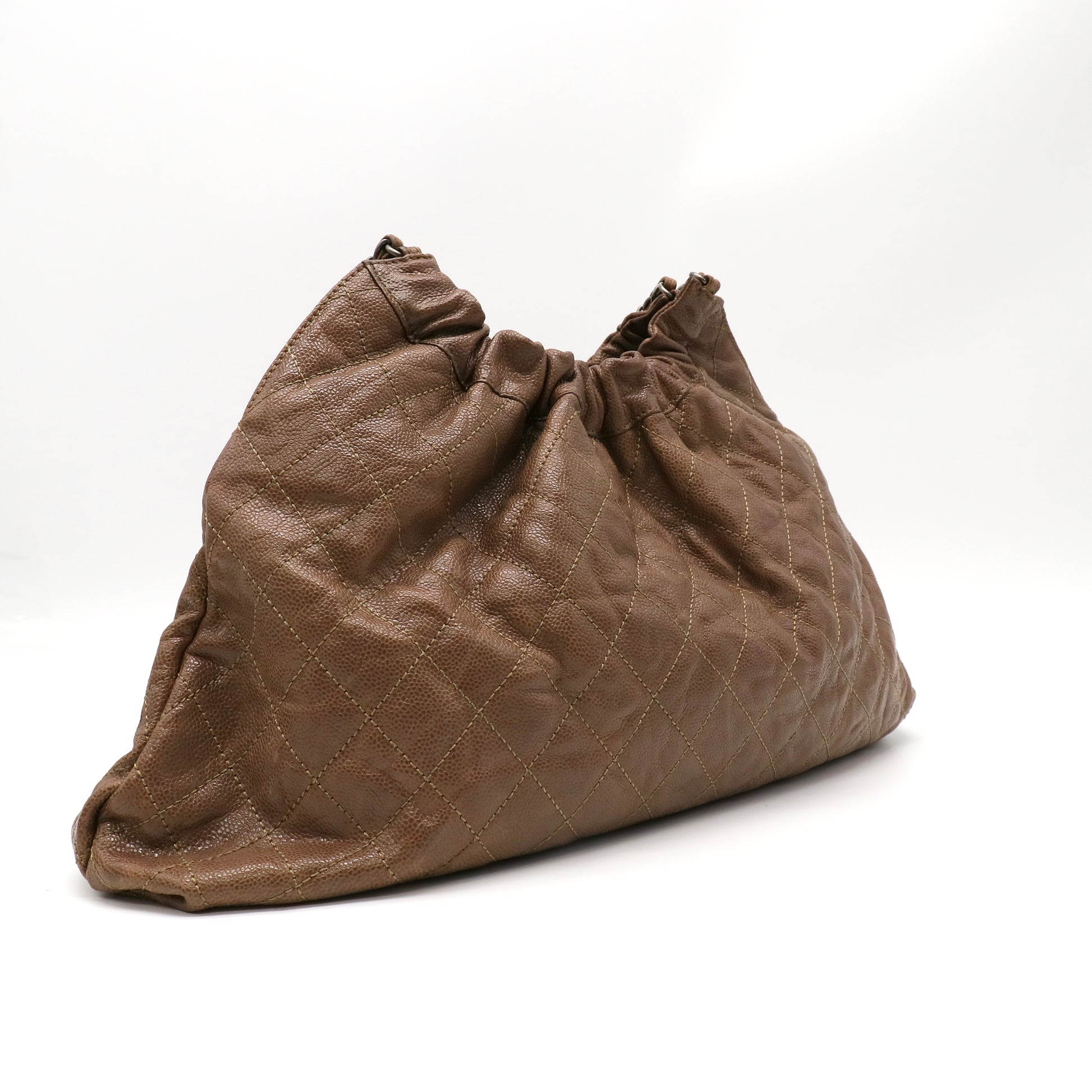 Chanel Distressed Glazed Caviar Quilted Large Elastic Tote Brown twins LDZ201