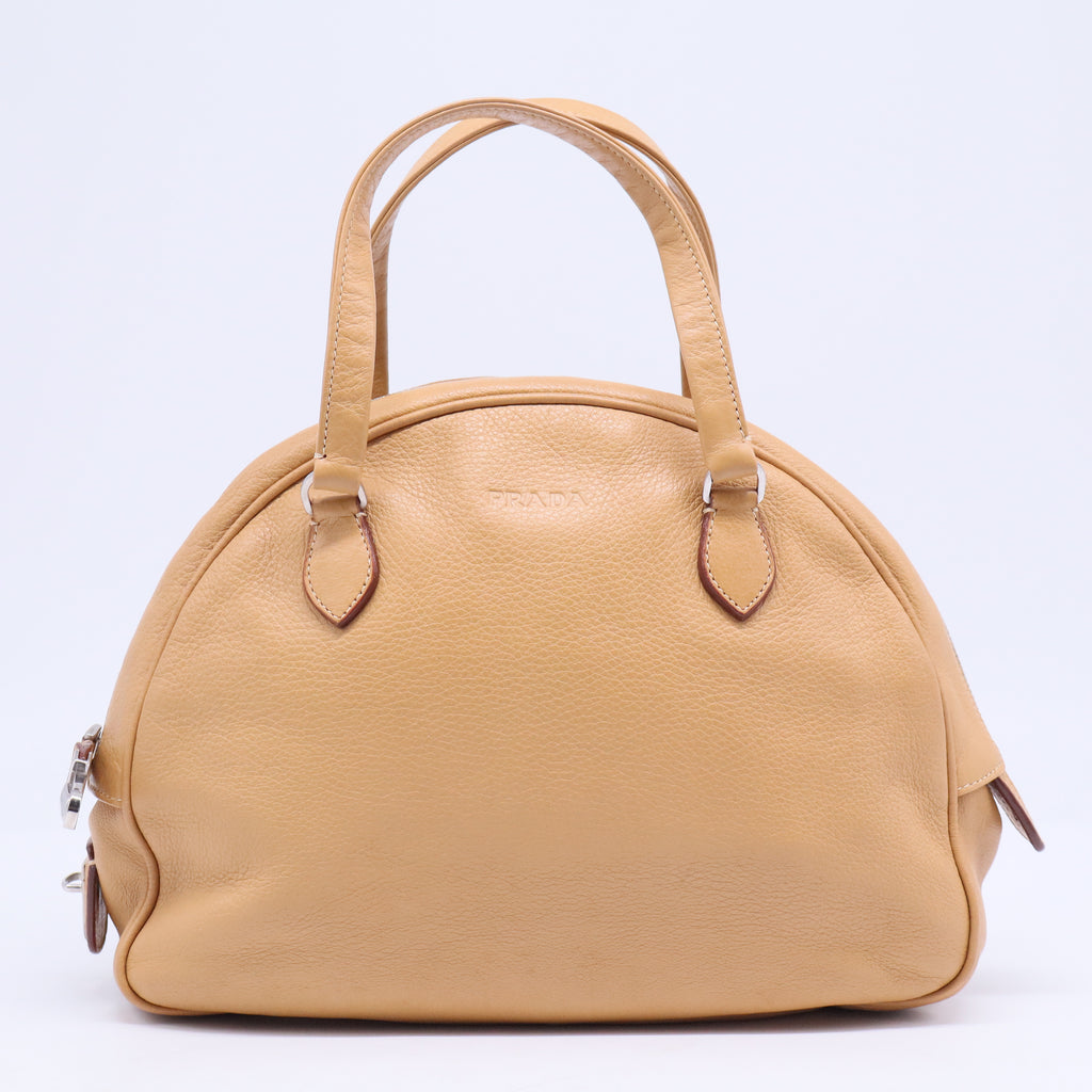 Embossed Logo Leather Boston bag Handbag Beige