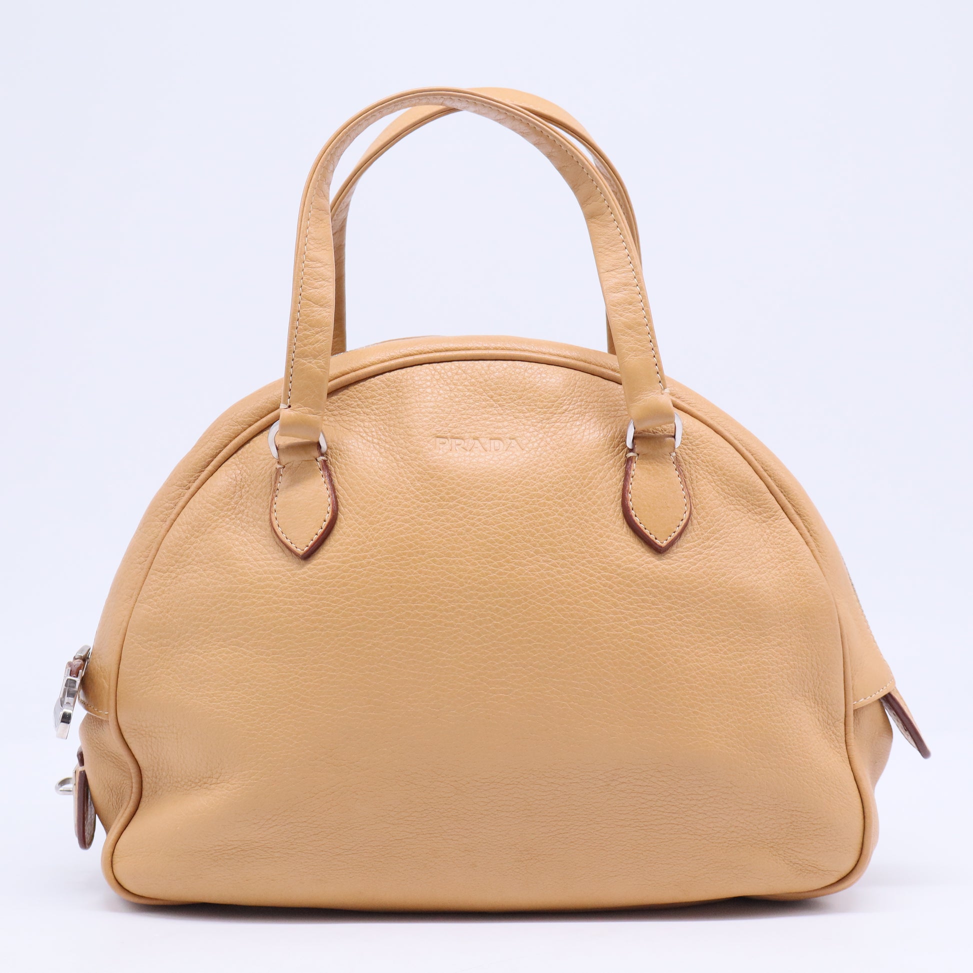 Embossed Logo Leather Boston bag Handbag Beige