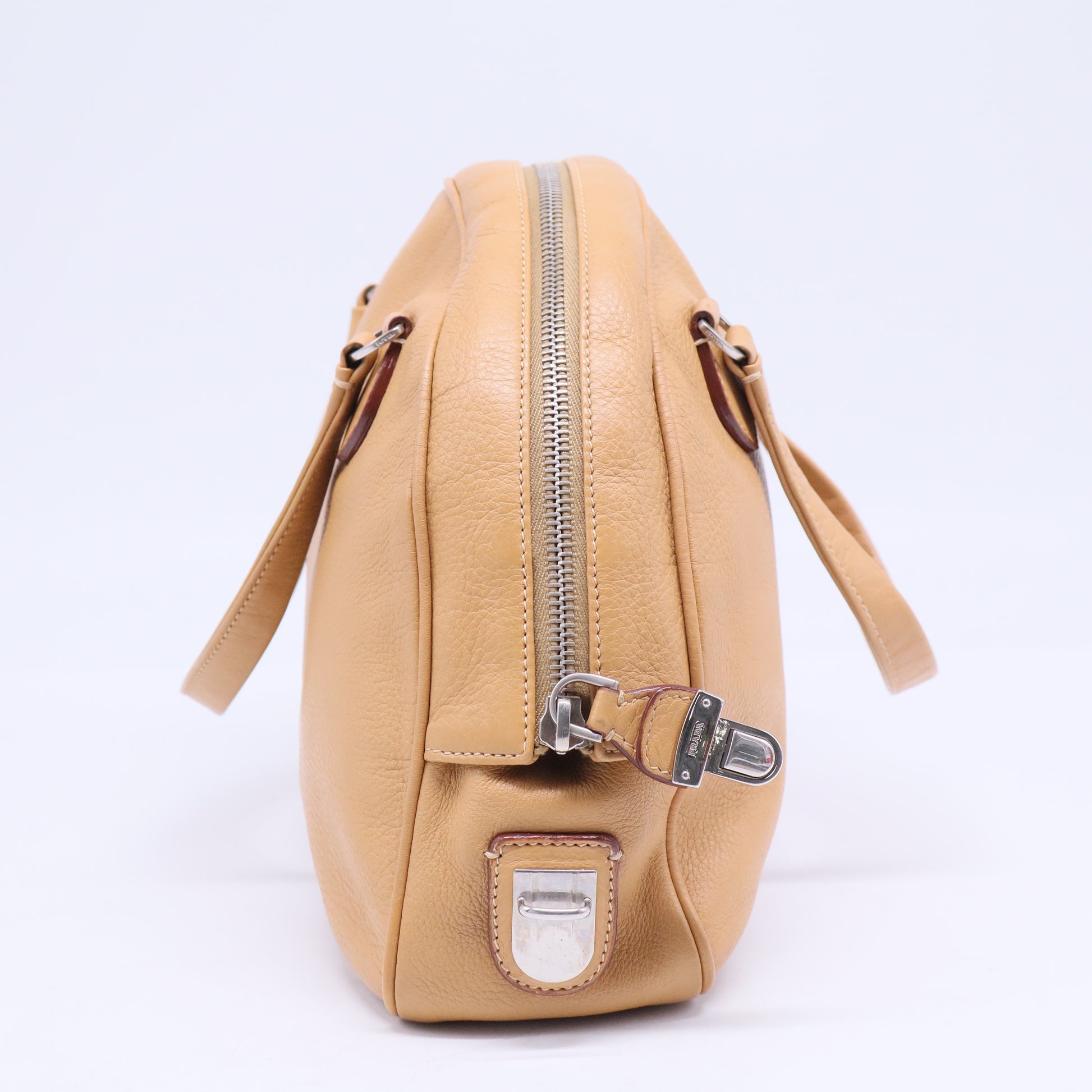 Embossed Logo Leather Boston bag Handbag Beige
