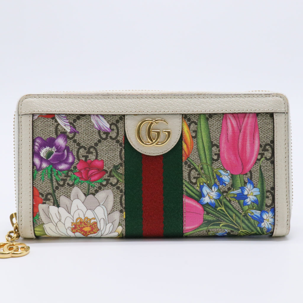 GG Supreme Flora Ophidia Zip Around Wallet Leather Long Wallet
