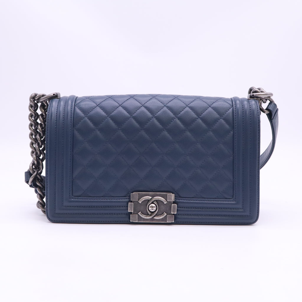 Caviar Quilted Medium Boy Flap Dark Navy Blue B24662