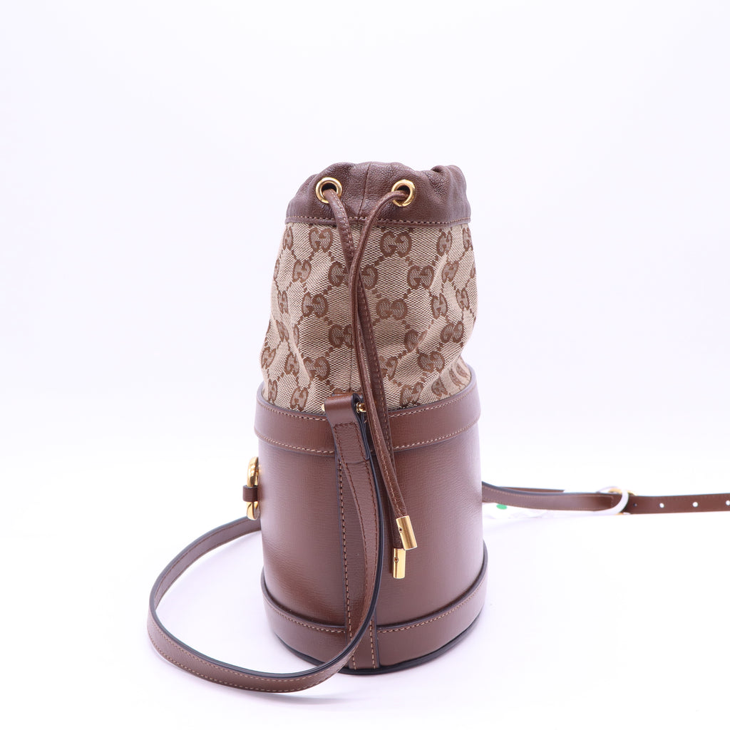 Gucci Horsebit 1955 Bucket Crossbody Bag Leather and GG Canvas Small B21925