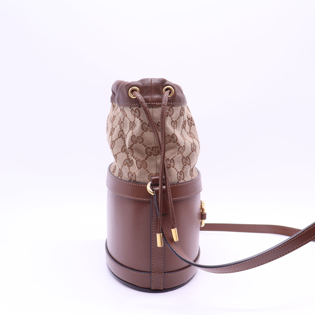 Gucci Horsebit 1955 Bucket Crossbody Bag Leather and GG Canvas Small B21925