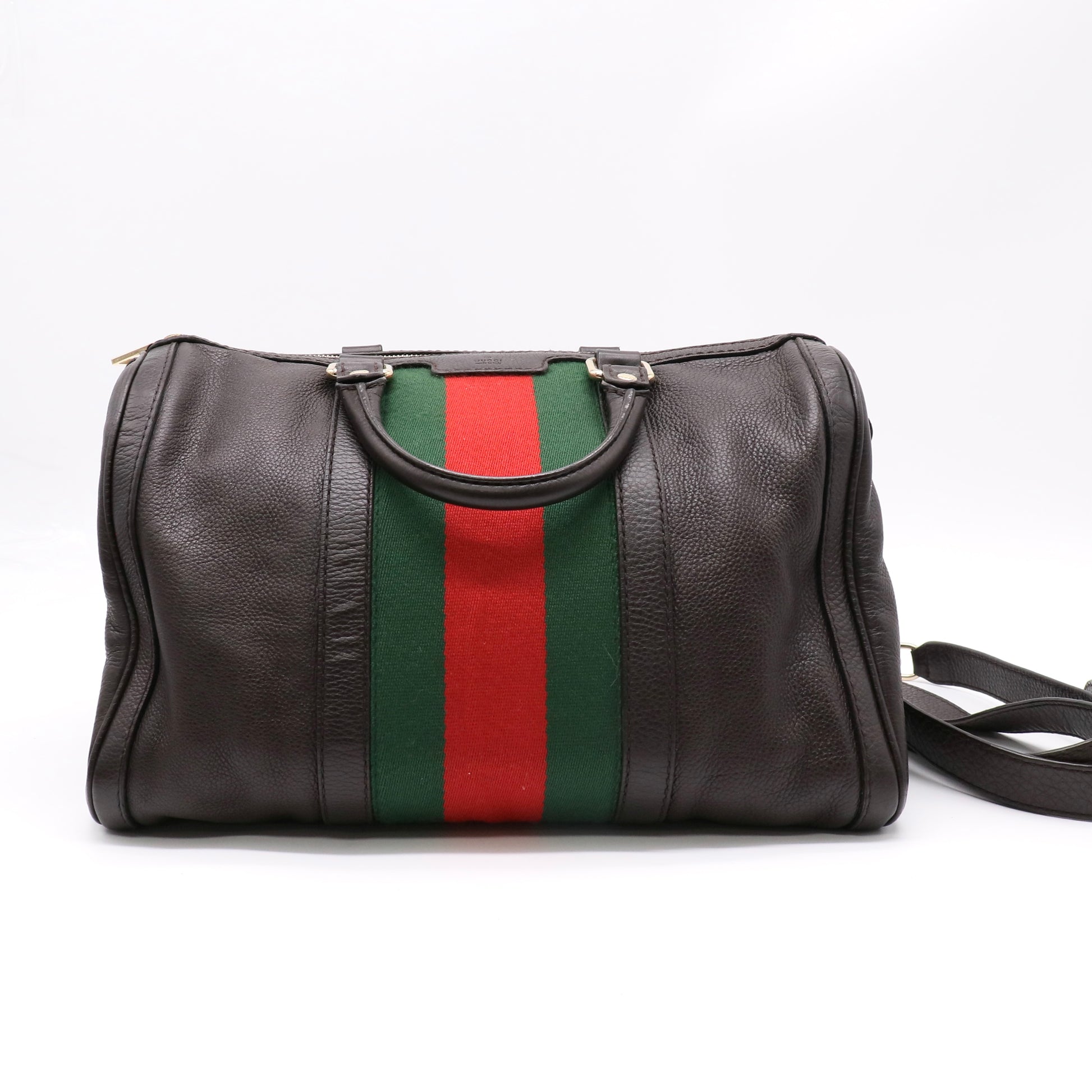 Gucci Brown Pebbled Leather Vintage Web Medium Boston Bag w/ Shoulder Strap twins B22667