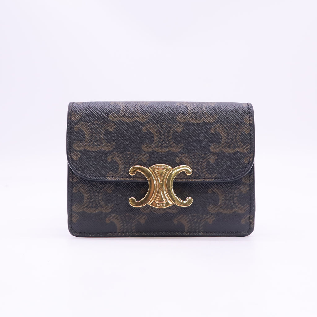 Celine Triomphe Canvas Calfskin Flap Card Holder Tan W23525