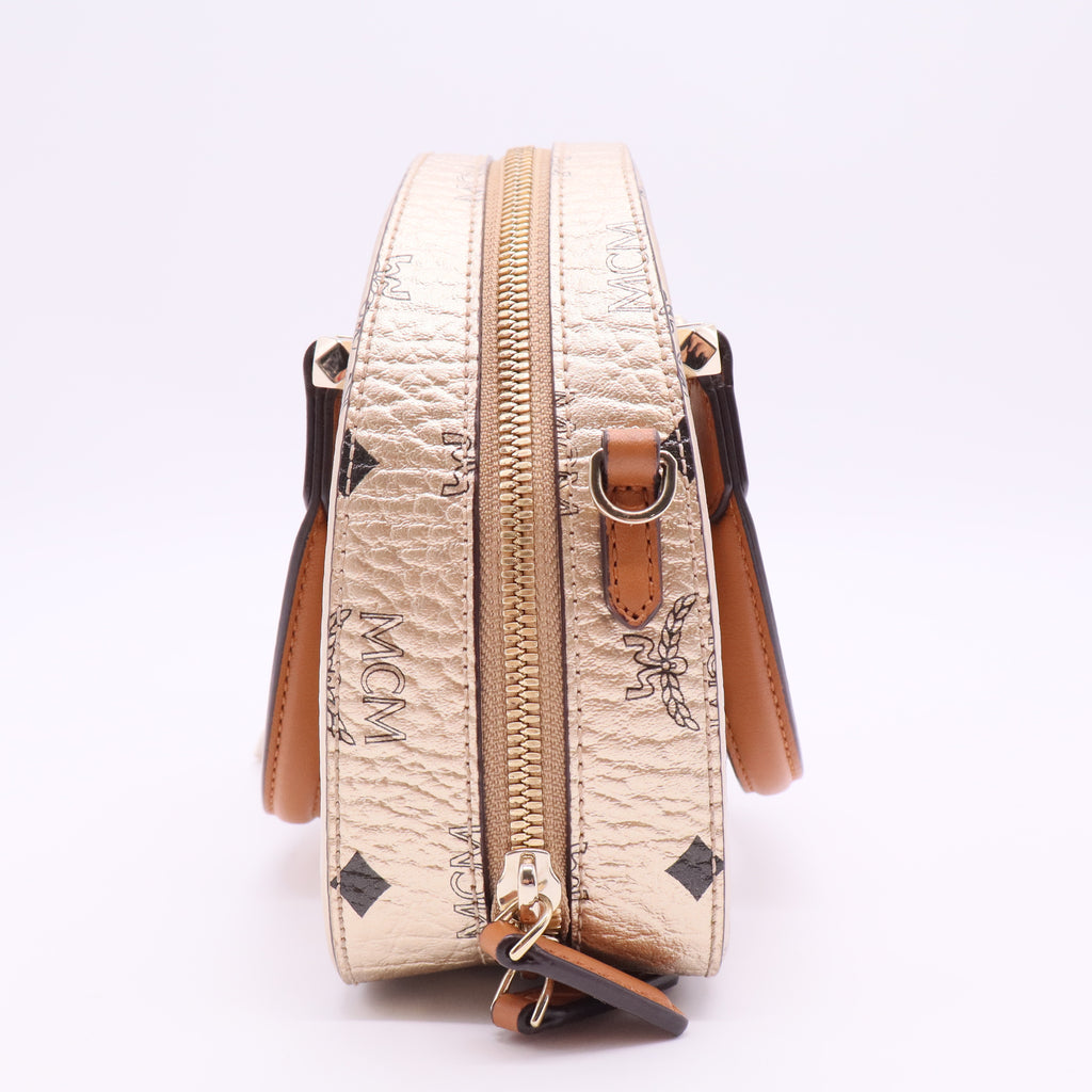 MCM half moon Visetos Canvas Small Zip Top Crossbody Dome Purse Bag Twins