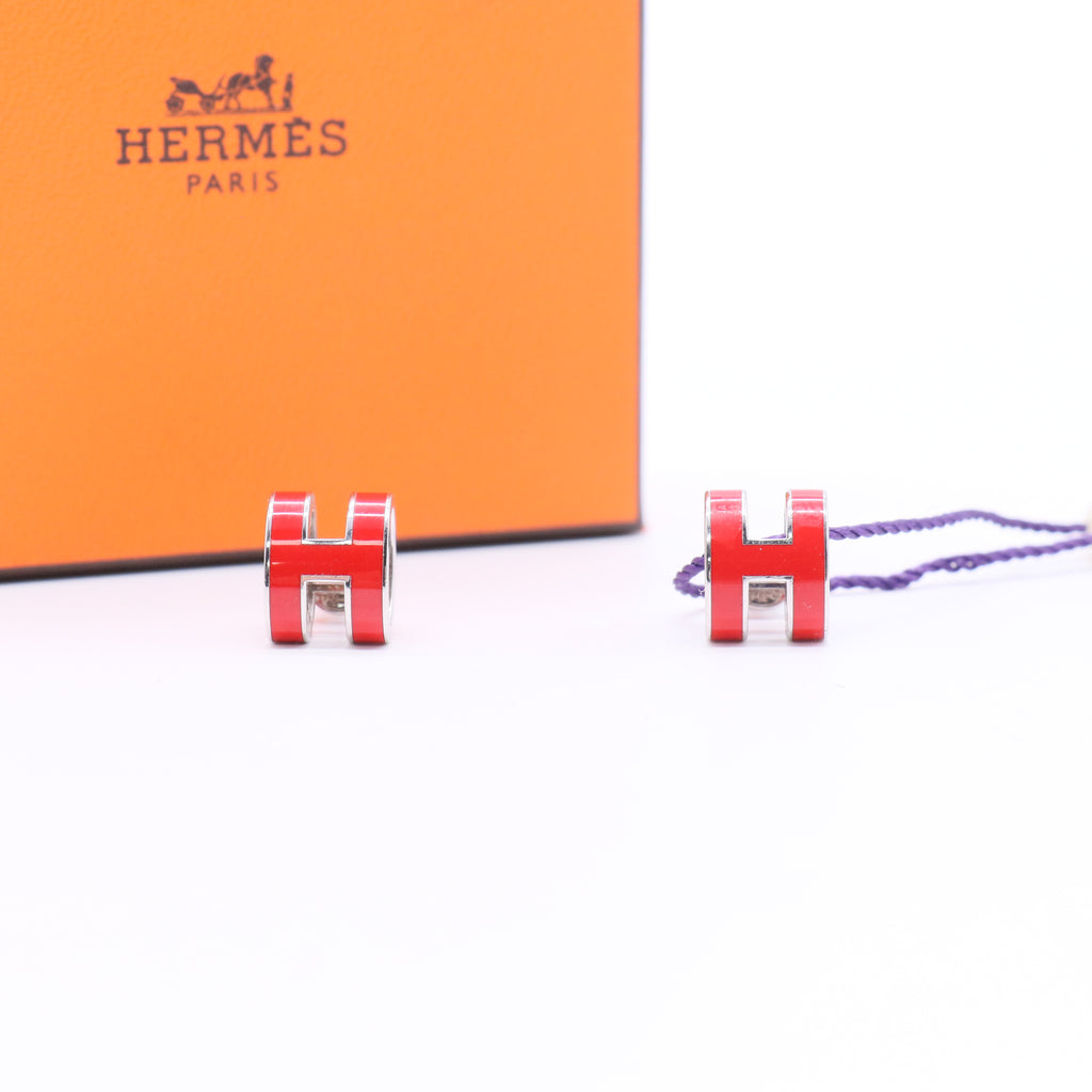 Hermes Hermes Gold Lacquered Mini Pop H Earrings Orange Red W20238
