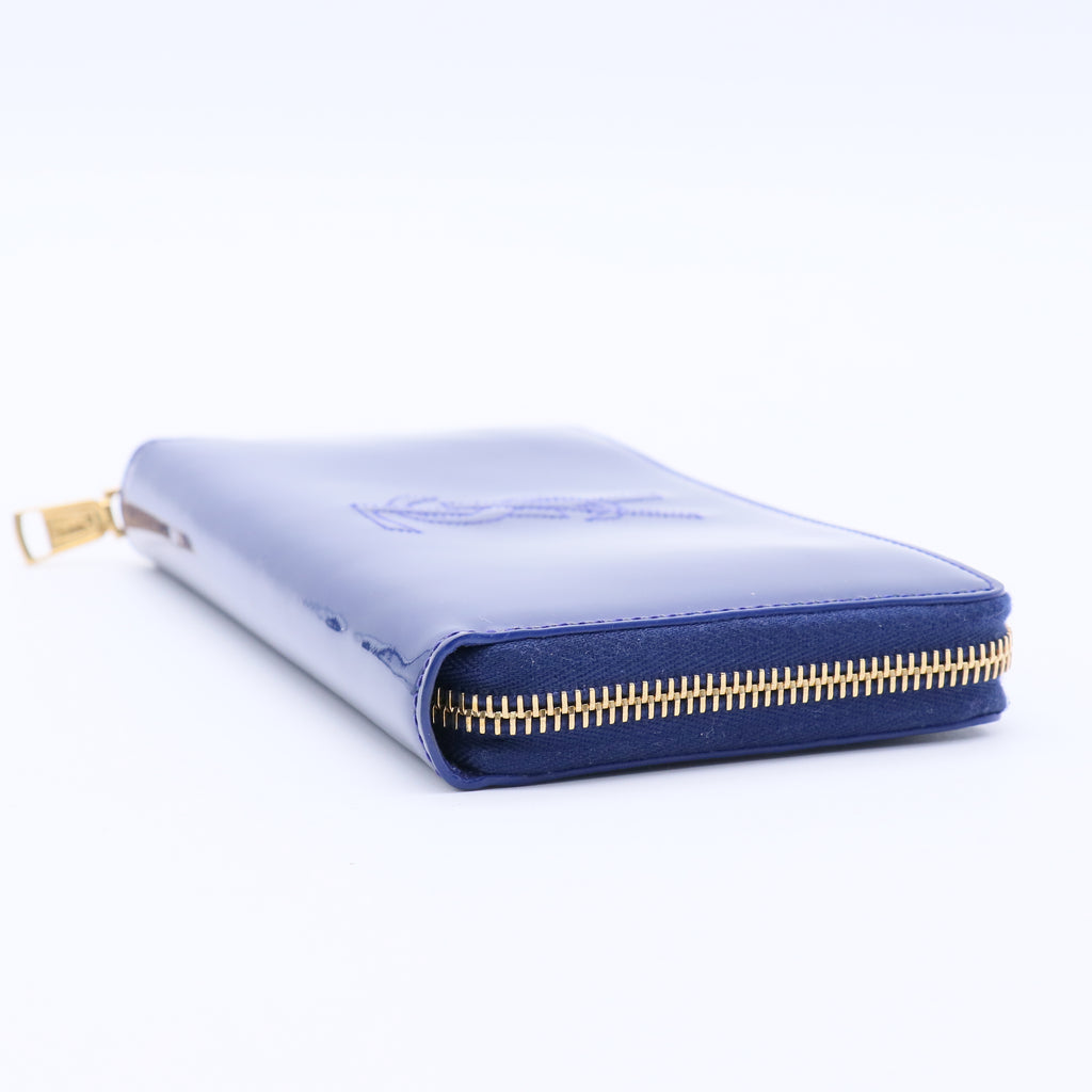 Saint Laurent YSL Paris Blue Patent Leather Zip Around Wallet