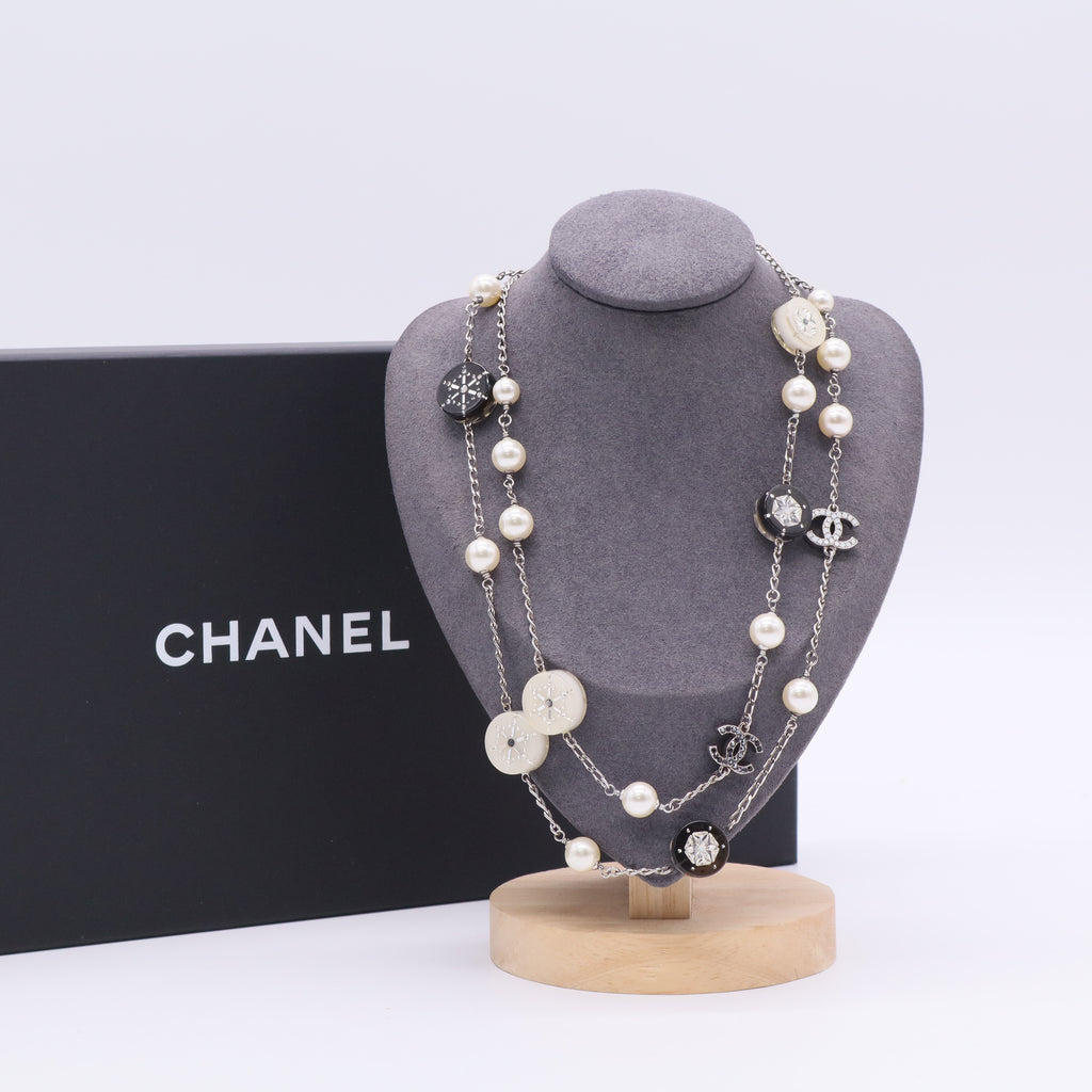 Chanel Marquise Crystal Pearl Bead CC Long Necklace Silver Black twins W20618