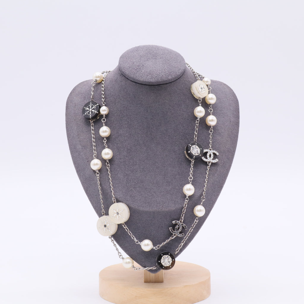 Chanel Marquise Crystal Pearl Bead CC Long Necklace Silver Black twins W20618