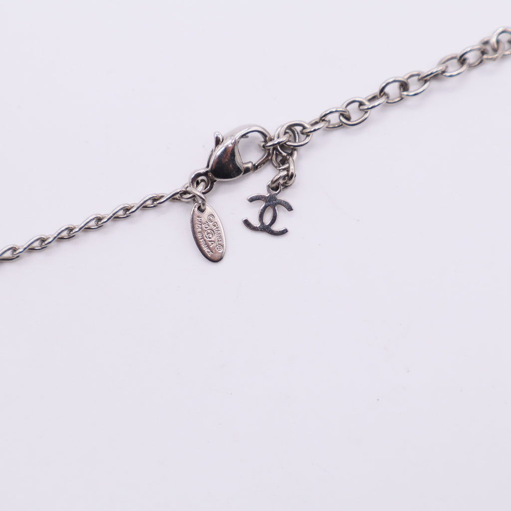 Chanel Marquise Crystal Pearl Bead CC Long Necklace Silver Black twins W20618