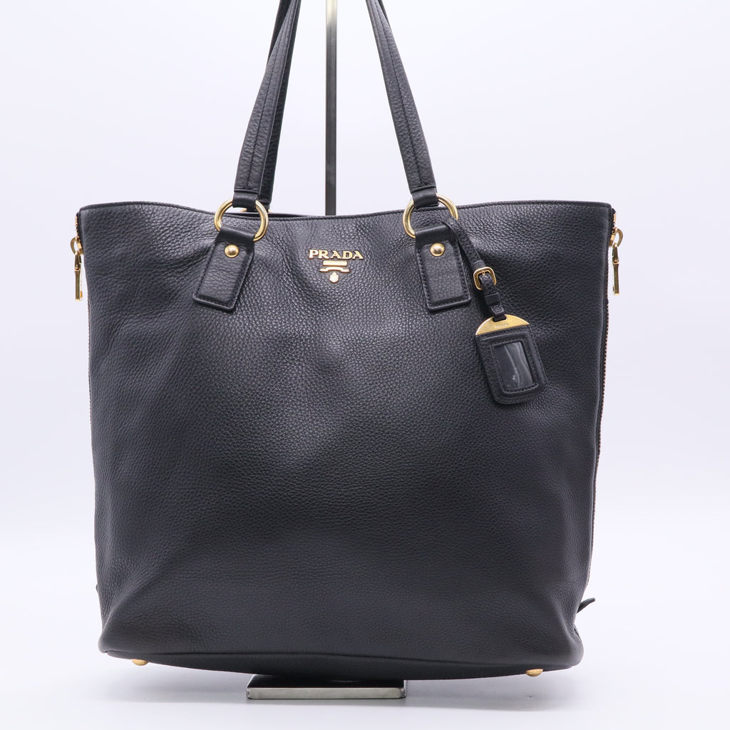 Prada Black Vitello Daino Leather Large Shopping Tote Bag twins B20817
