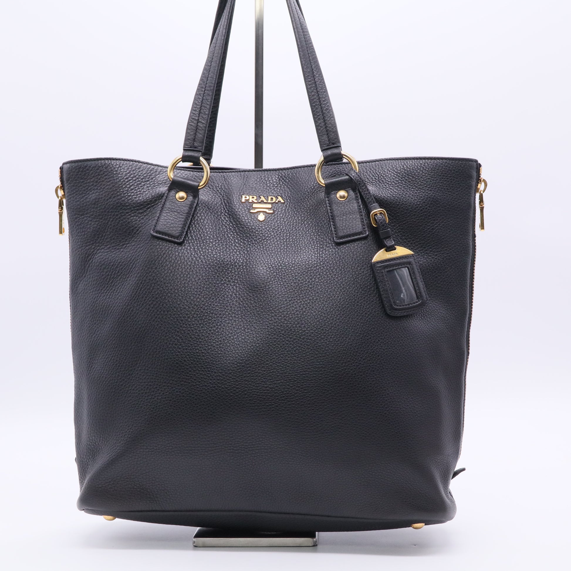 Prada Black Vitello Daino Leather Large Shopping Tote Bag twins B20817