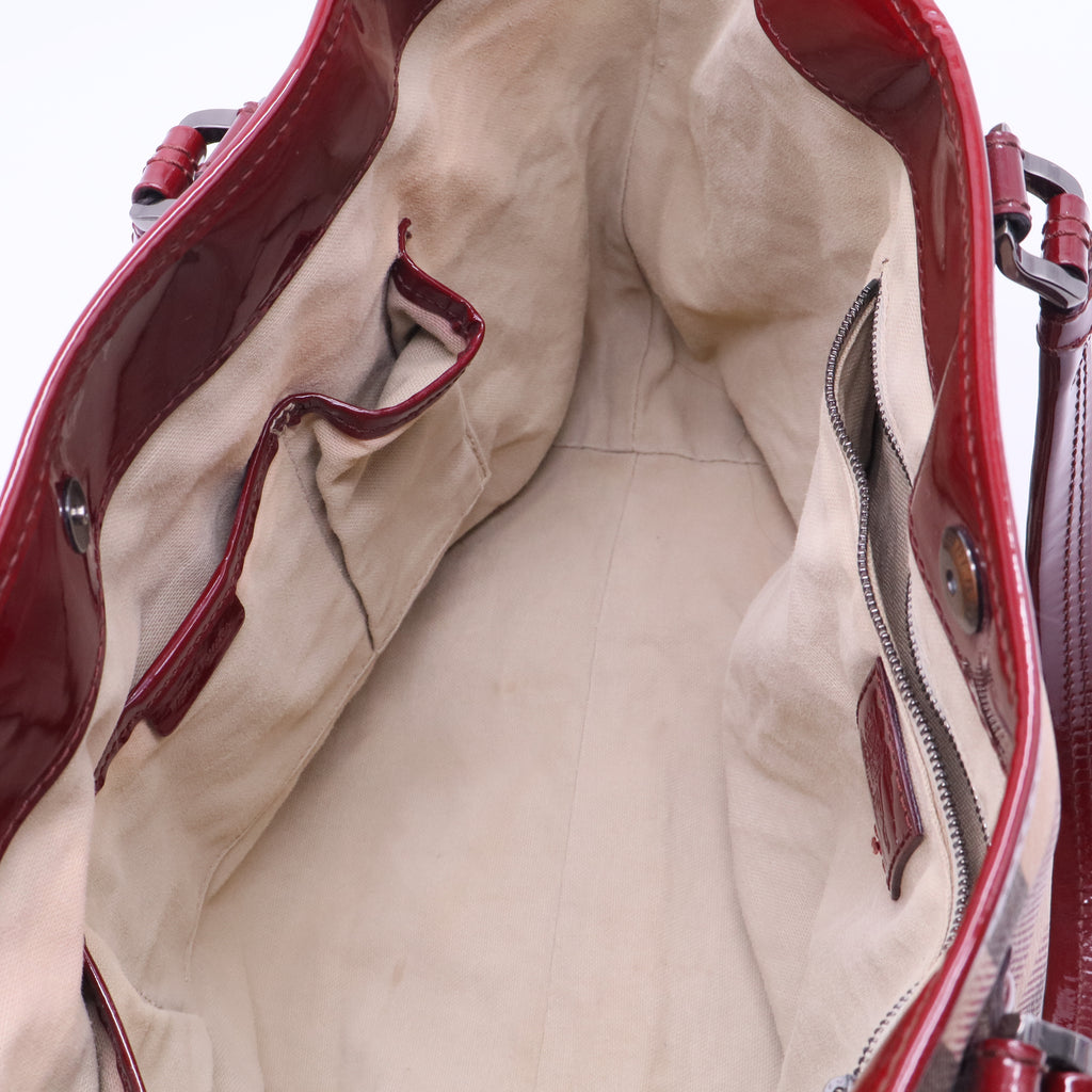 Burgundy/Beige Heart Print Check PVC and Patent Leather Brit Tote B12198