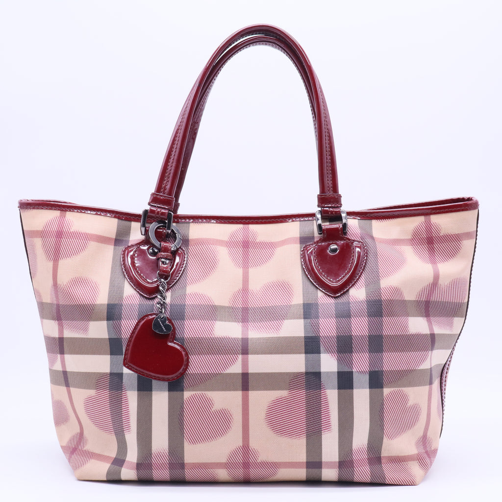 Burgundy/Beige Heart Print Check PVC and Patent Leather Brit Tote B12198