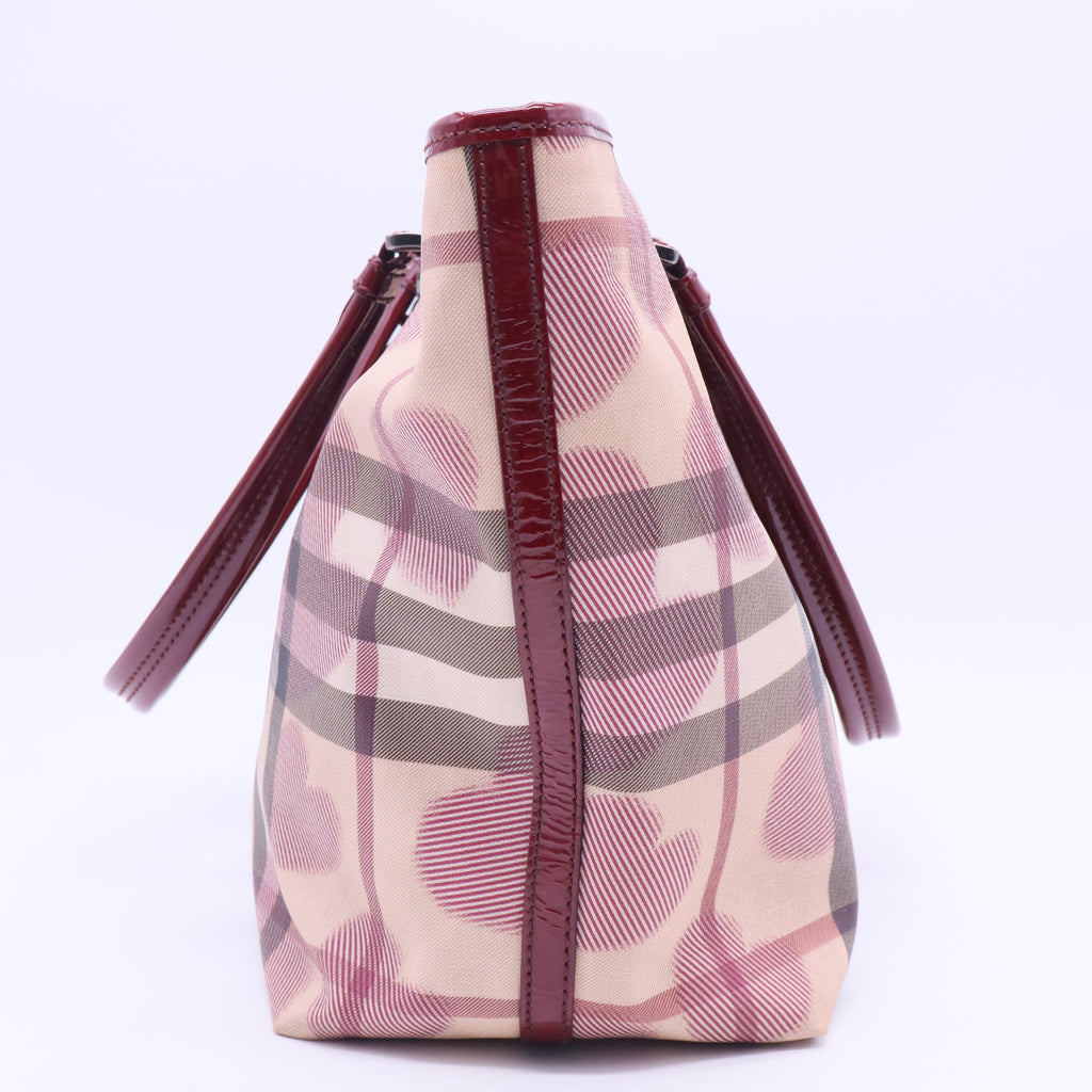 Burgundy/Beige Heart Print Check PVC and Patent Leather Brit Tote B12198