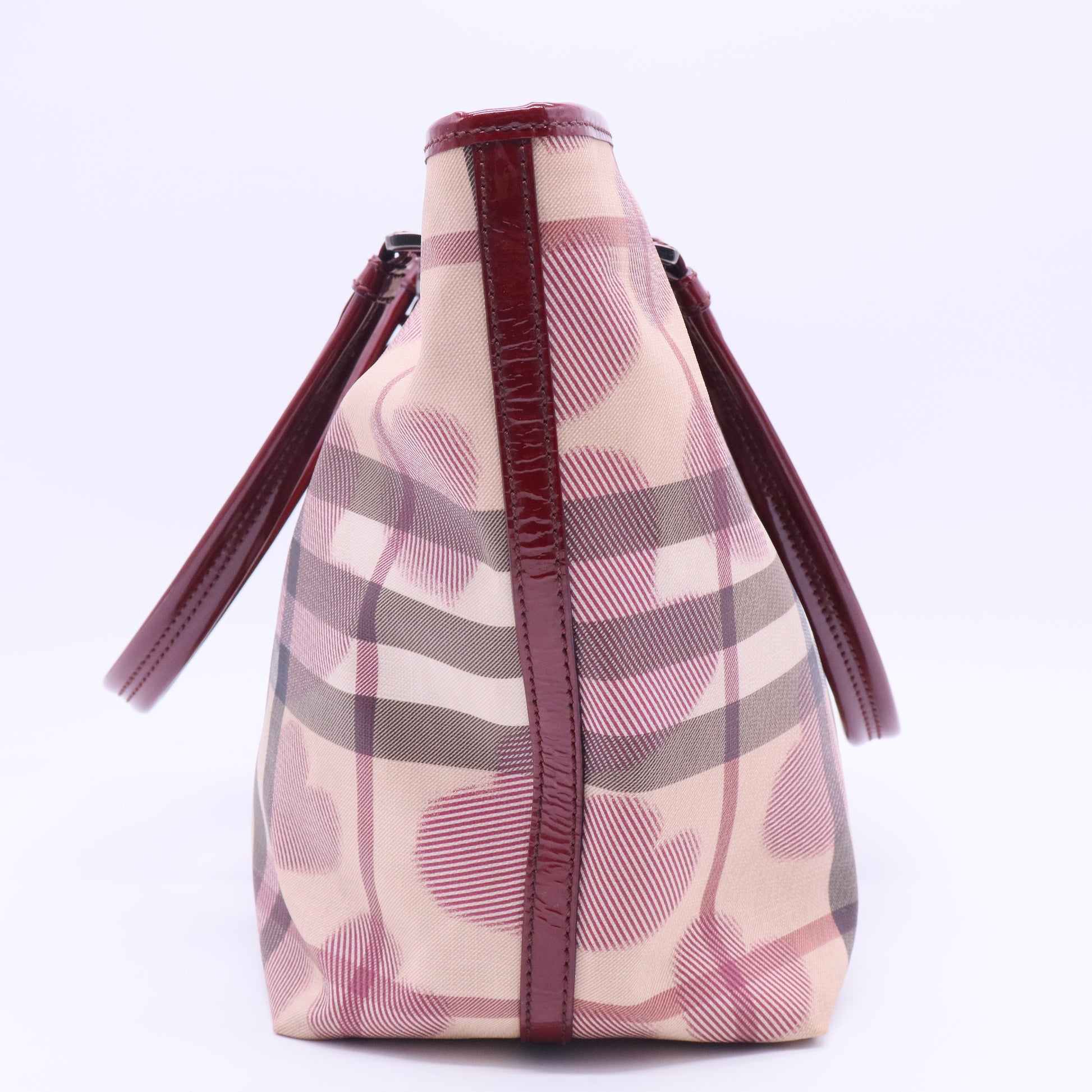 Burgundy/Beige Heart Print Check PVC and Patent Leather Brit Tote B12198