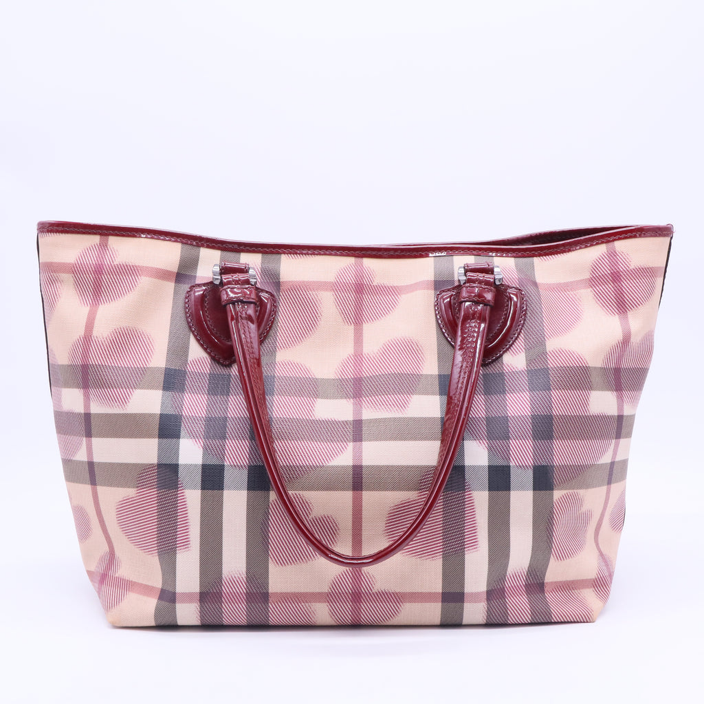 Burgundy/Beige Heart Print Check PVC and Patent Leather Brit Tote B12198