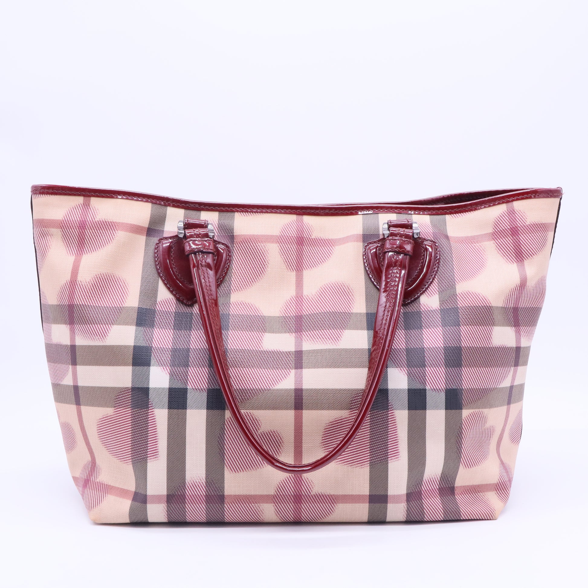 Burgundy/Beige Heart Print Check PVC and Patent Leather Brit Tote B12198