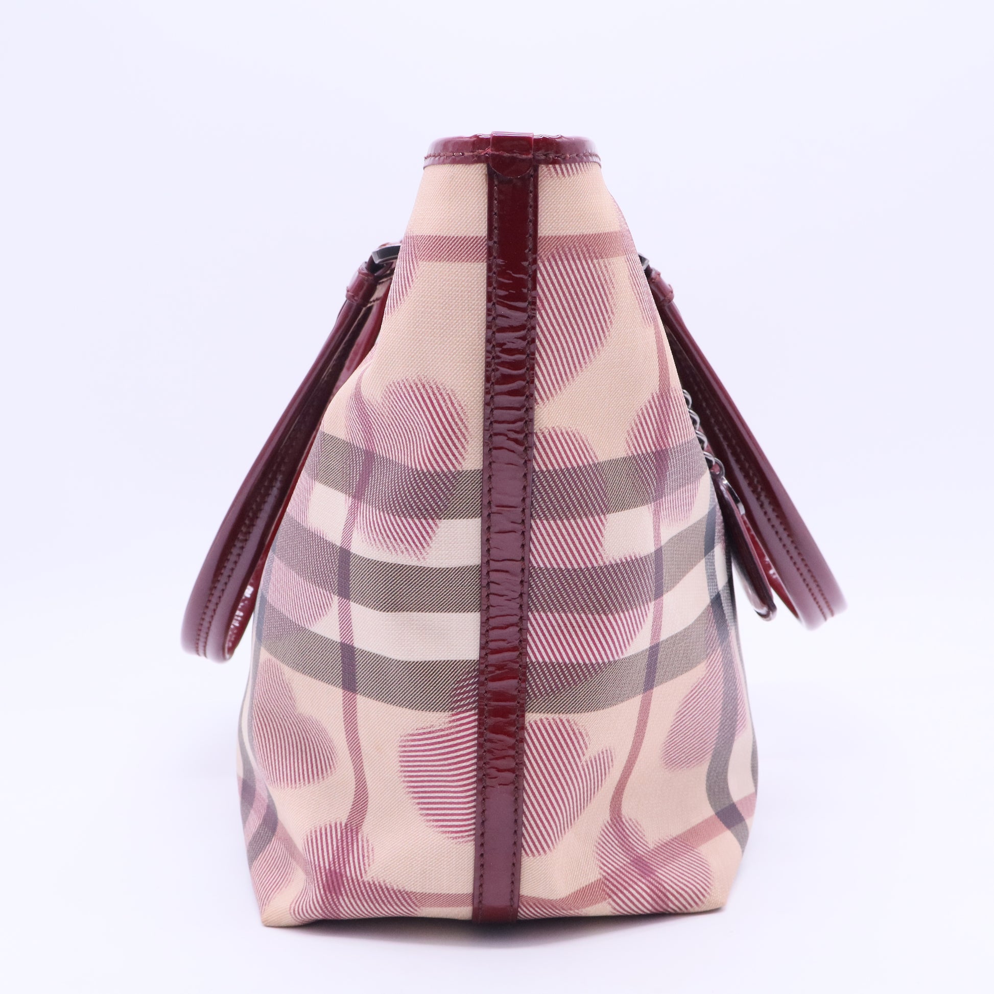 Burgundy/Beige Heart Print Check PVC and Patent Leather Brit Tote B12198