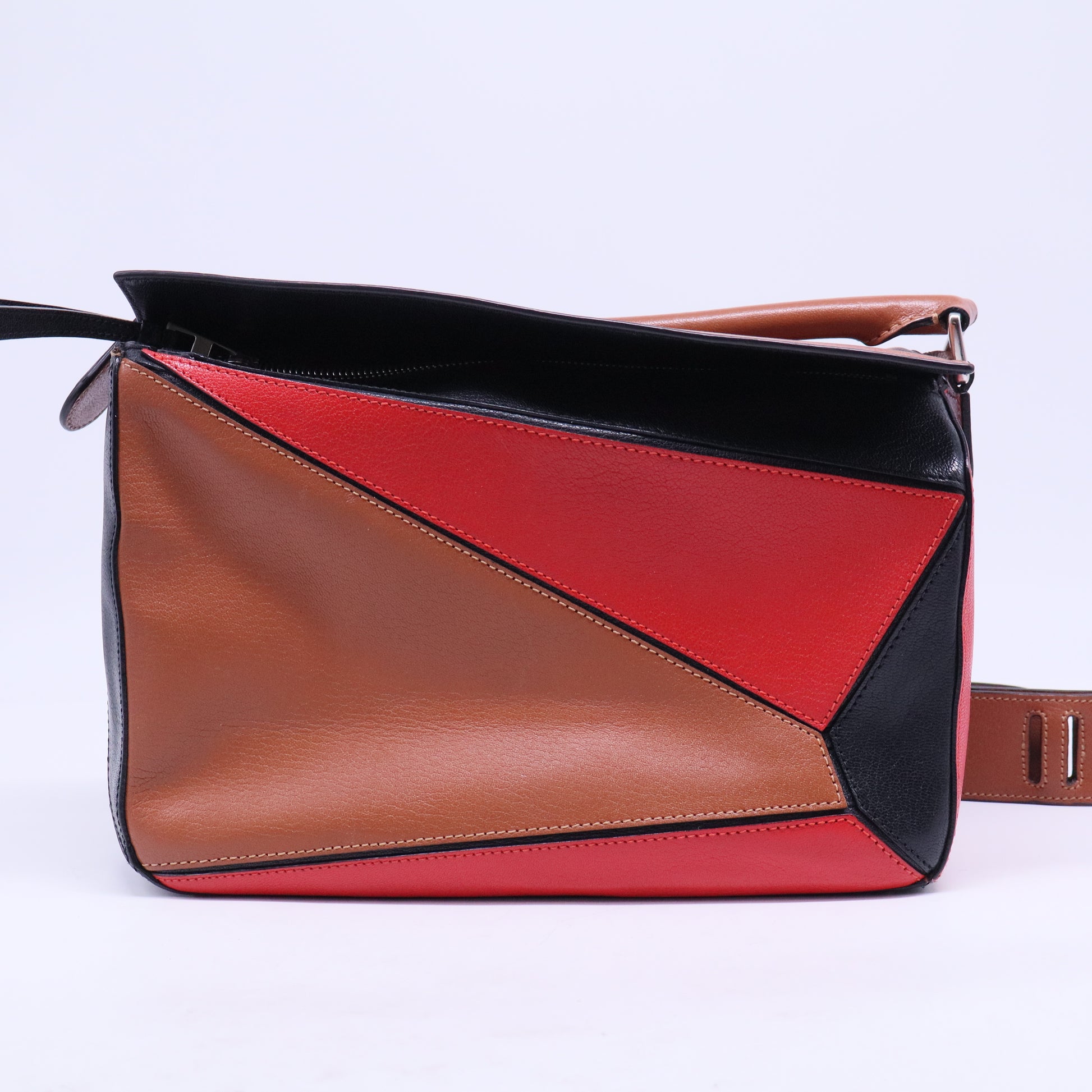 Calfskin Colorblock Medium Puzzle Bag Tan Red Black B20423