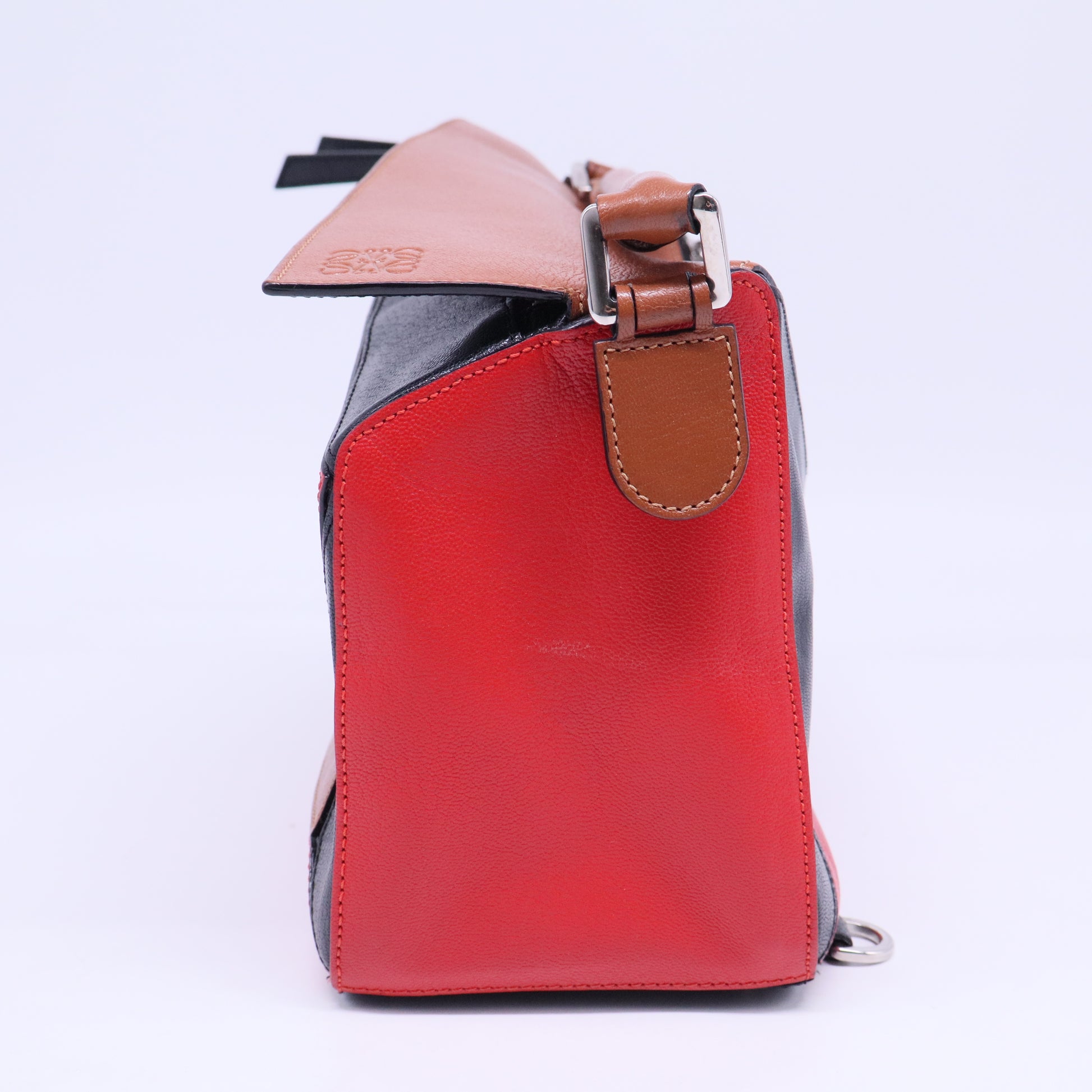 Calfskin Colorblock Medium Puzzle Bag Tan Red Black B20423